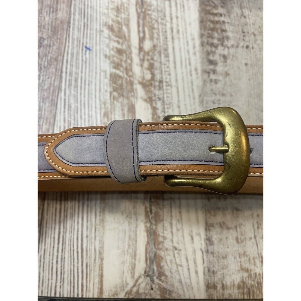 Emergere Womens Belt Sz L Brown Grey Two Tone Leather Brass Buckle 4032